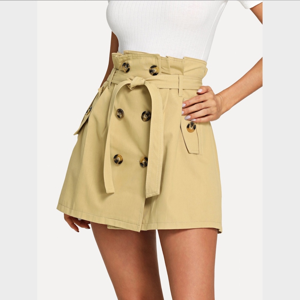 Khaki Double Button Self Tie Waist Mini Skirt - Picture 3 of 6